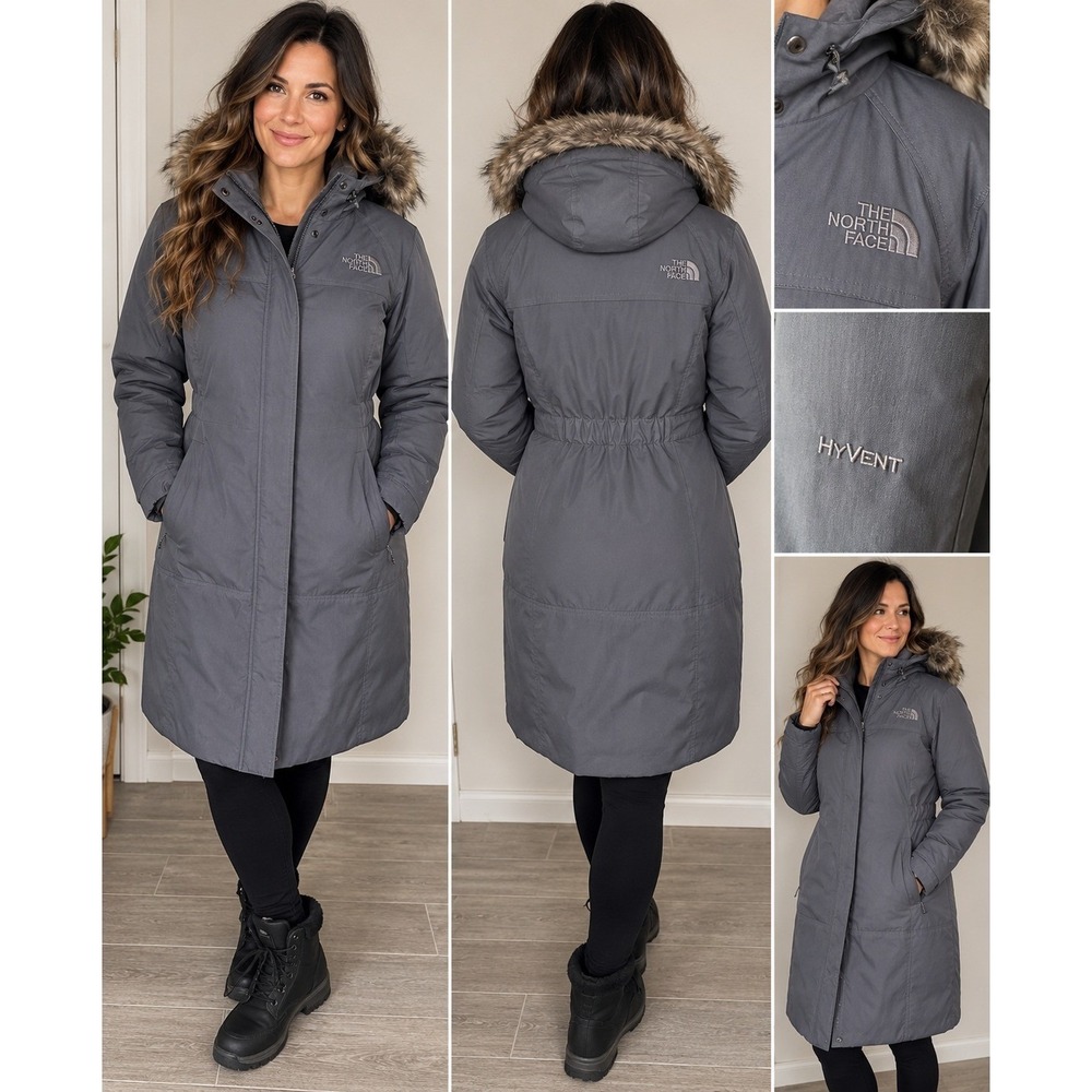 The North Face Arctic Parka Womens Medium Gray Down HyVent Faux Fur Hooded Coat